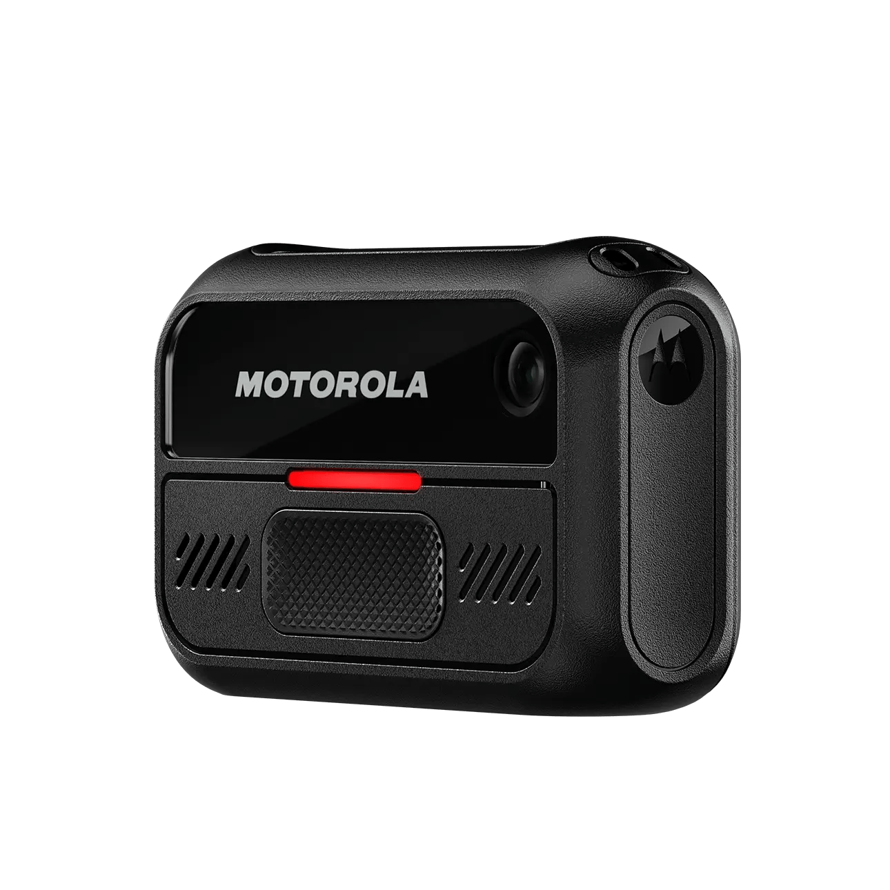 Schwarze Motorola-Körperkamera mit rotem Detail.