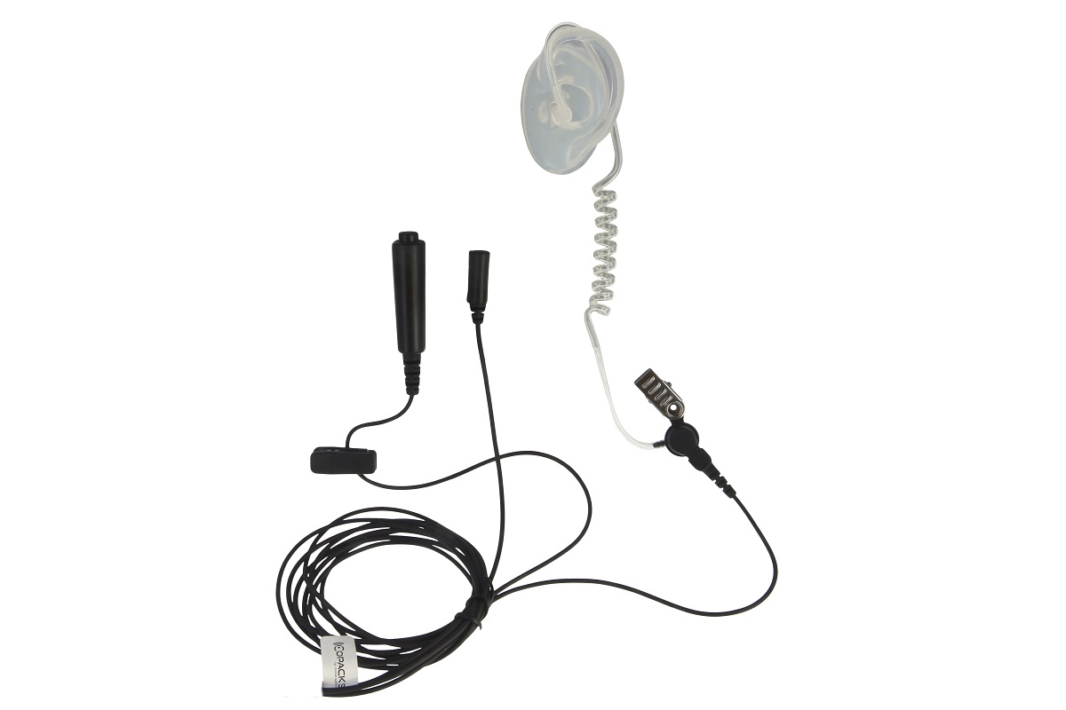 Ohrstöpsel mit Kabel und Mikrofon, Spiralrohr, Ansteckclip.