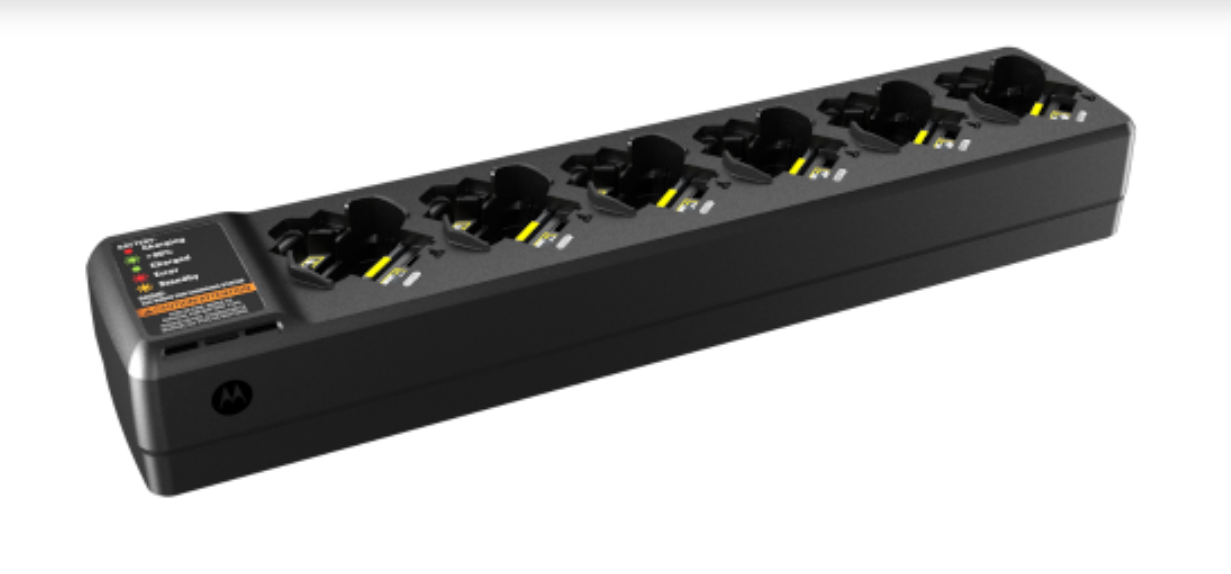 Black power strip with six outlets and indicator lights.