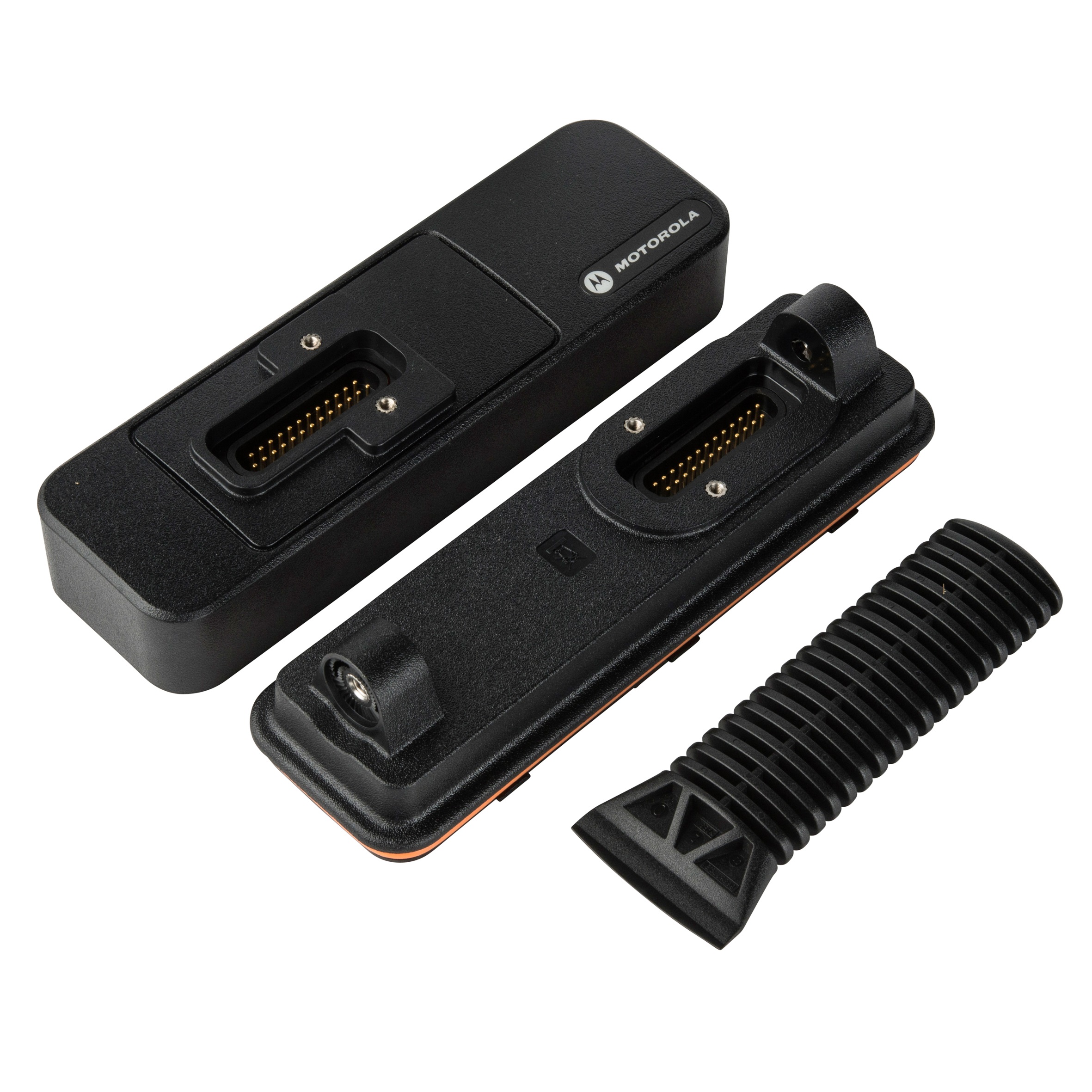 Black electronic accessory with connectors and plastic cover.