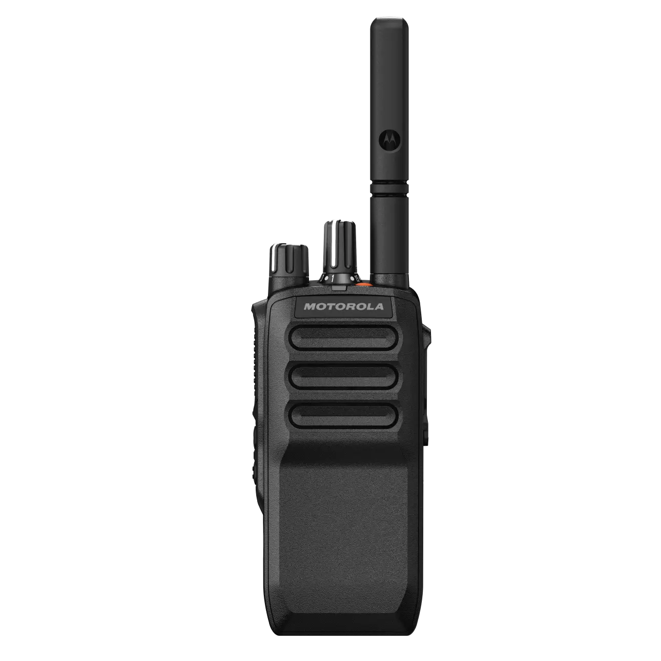 Black handheld radio with antenna and control buttons on top.