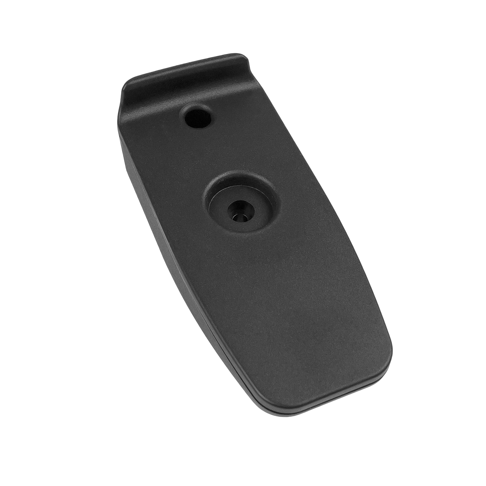 01_6507_01400051_PEI_01.jpg Black plastic bracket with two holes, rectangular shape.