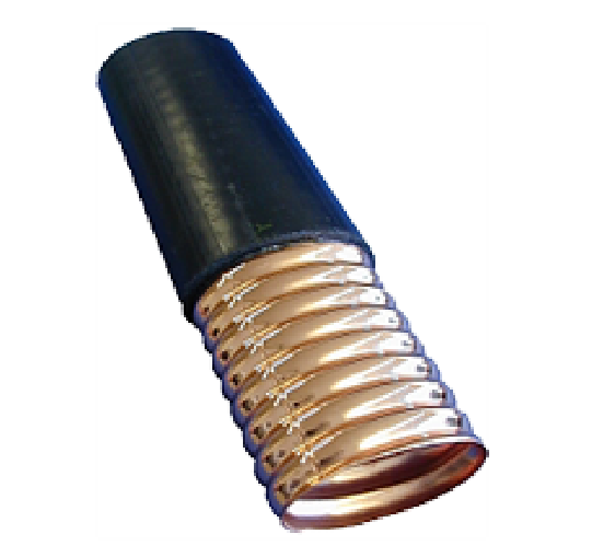 Corrugated pipe with black coating, metal coil visible