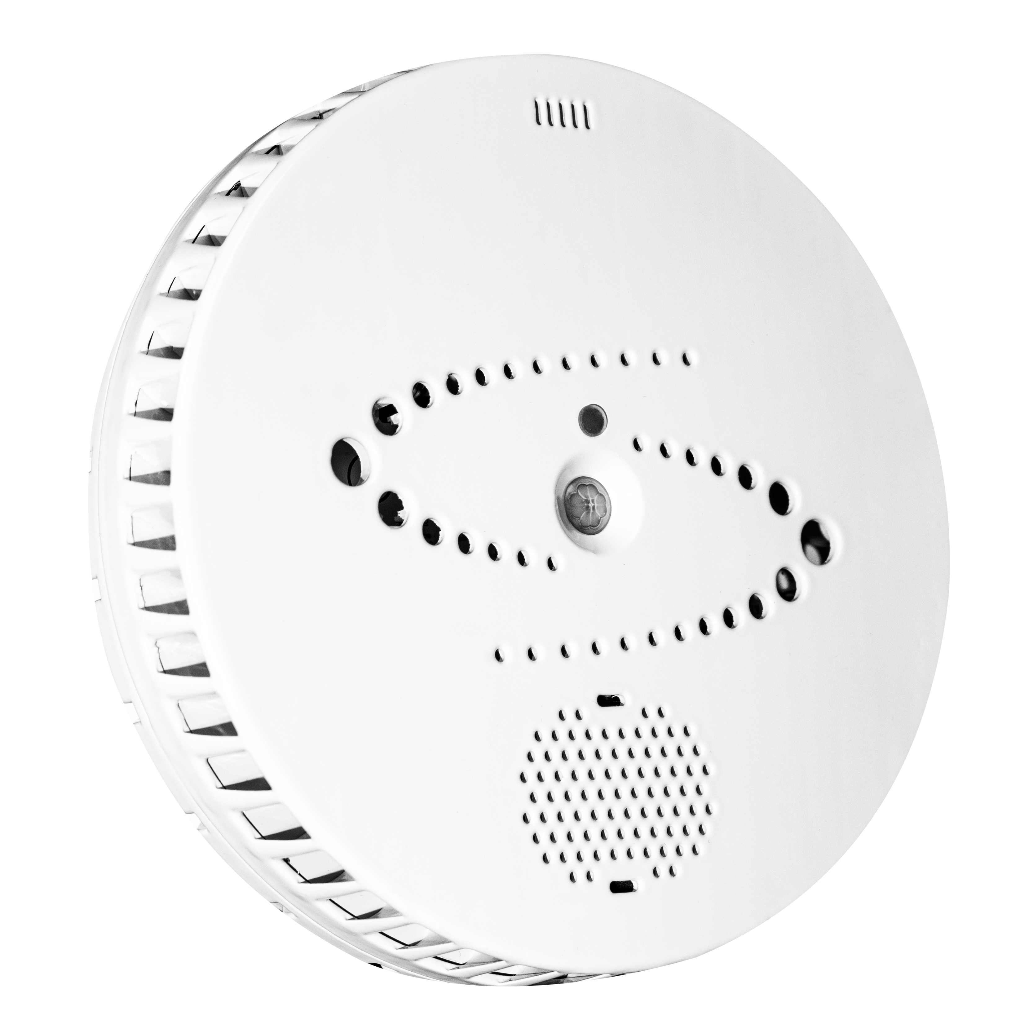White ceiling detector with multiple vents and sensors.