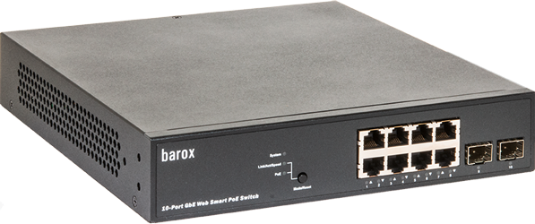 Network switch with ten ports and black casing.