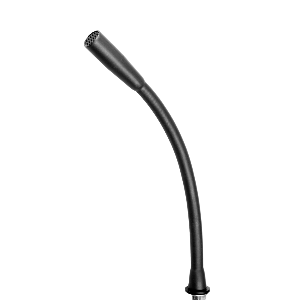 Black, curved gooseneck microphone with mesh cover.