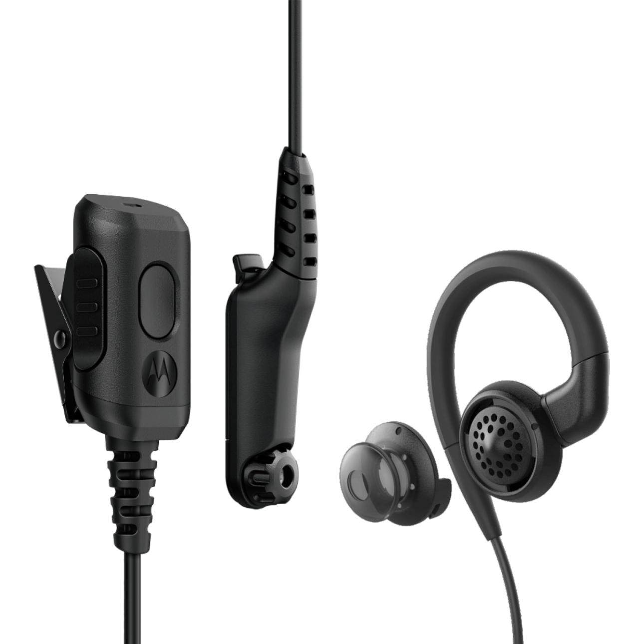 Black radio headset with speaker, microphone, and earbud.