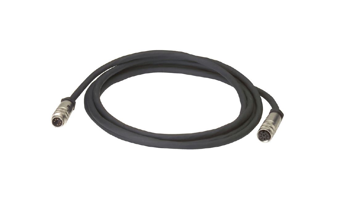 7000-00030900_com_01.jpg Black circular connector cable with metal pins on both ends.