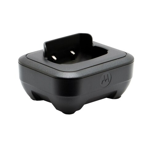 Black charger for handheld radio, Motorola logo on front, tabletop model.