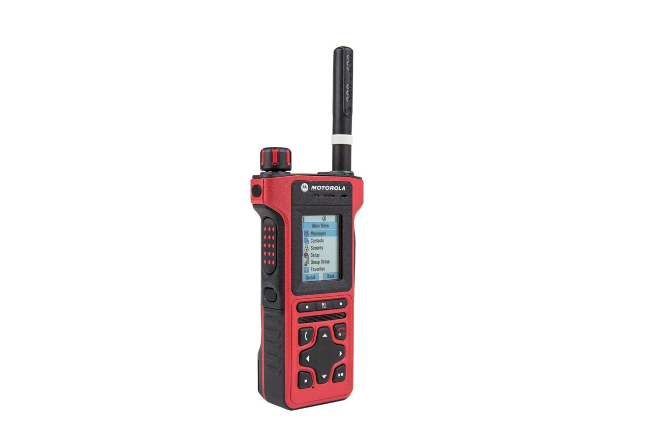 Red handheld radio with antenna and display menu.