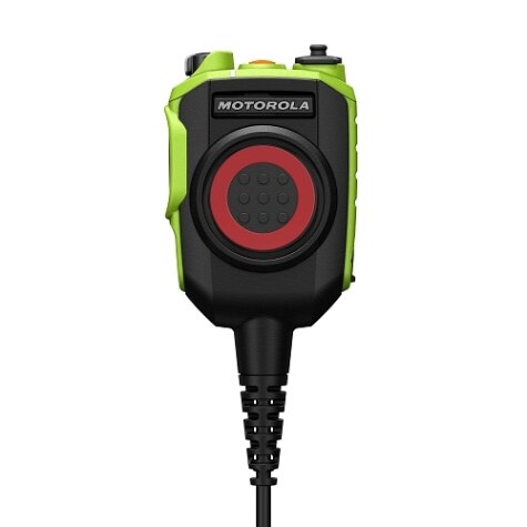 Green handheld radio with red circle and black cable