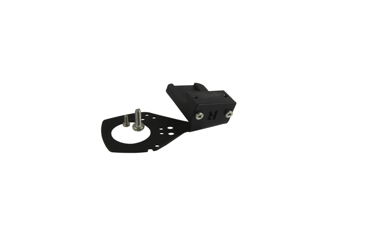 Black metal bracket with two screws, rectangular shape.