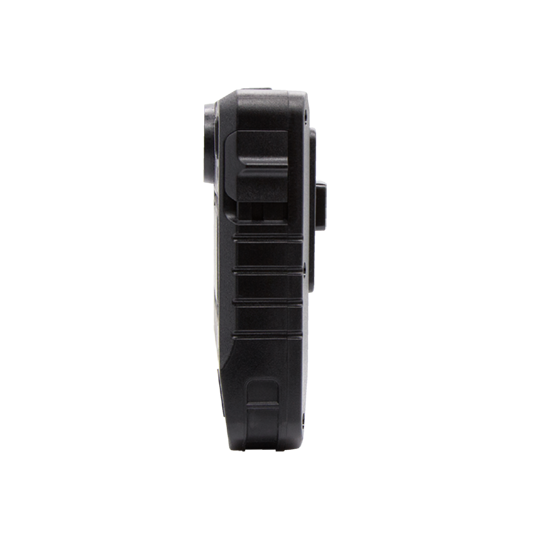 Side view of a black, compact device with textured casing.