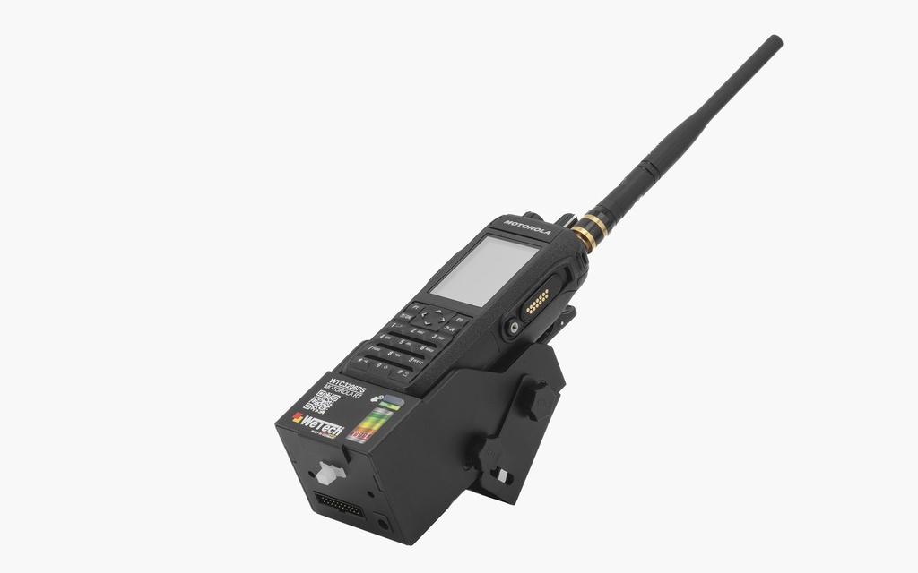 Tragbares Funkgerät mit Antenne in einer Halterung.