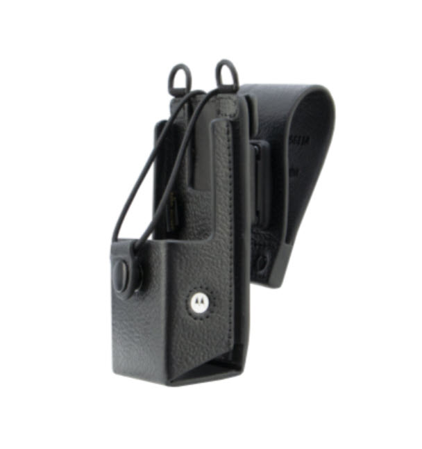 Schwarzes Lederholster mit Gürtelclip und Schnalle.