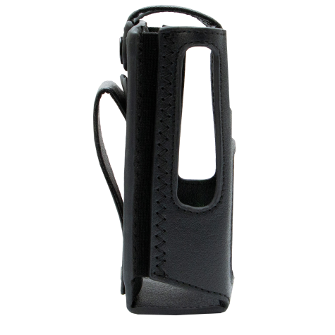 Black leather holder with cutout and strap on the right.