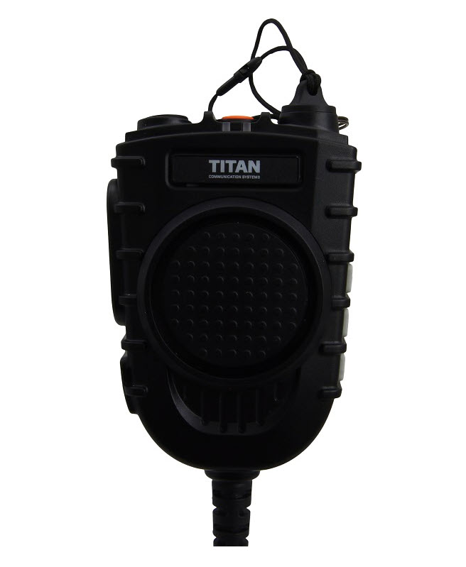 Schwarzes Handfunkgerät mit Lautsprecher, Mikrofon und Kabel.