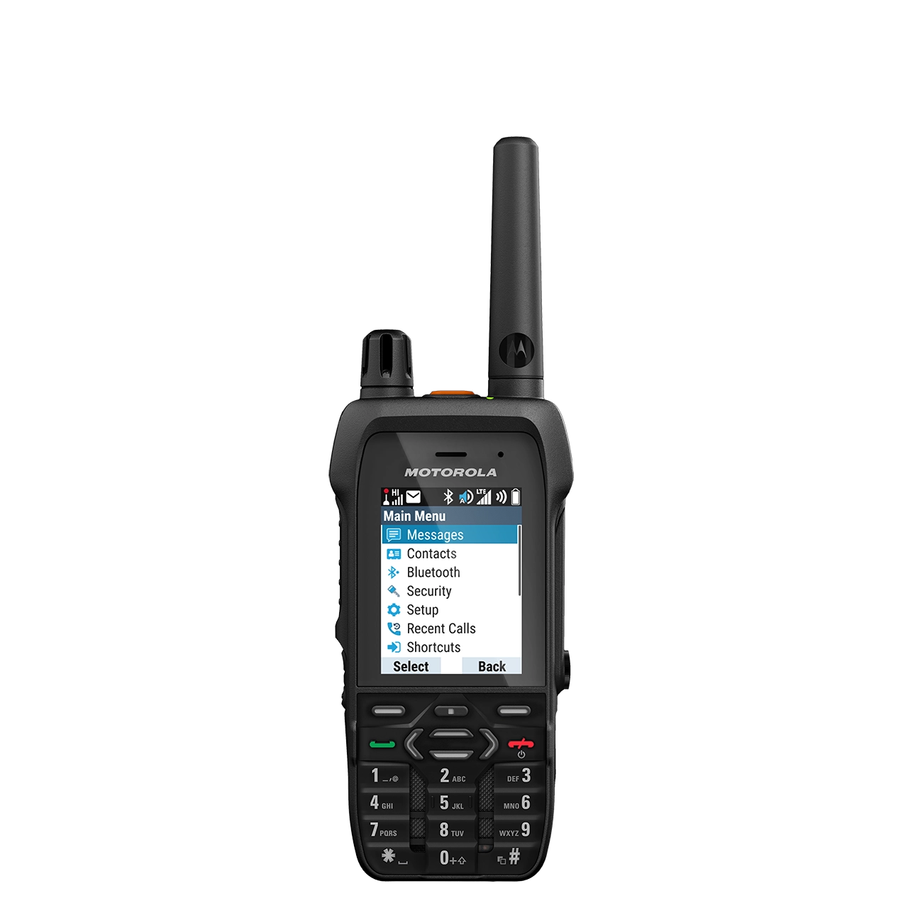 7000_00757799_MOT_01.jpg Radio device with antenna, display shows menu with options like Messages and Contacts.