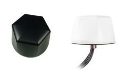 Two antennas, black and white, on a white background.