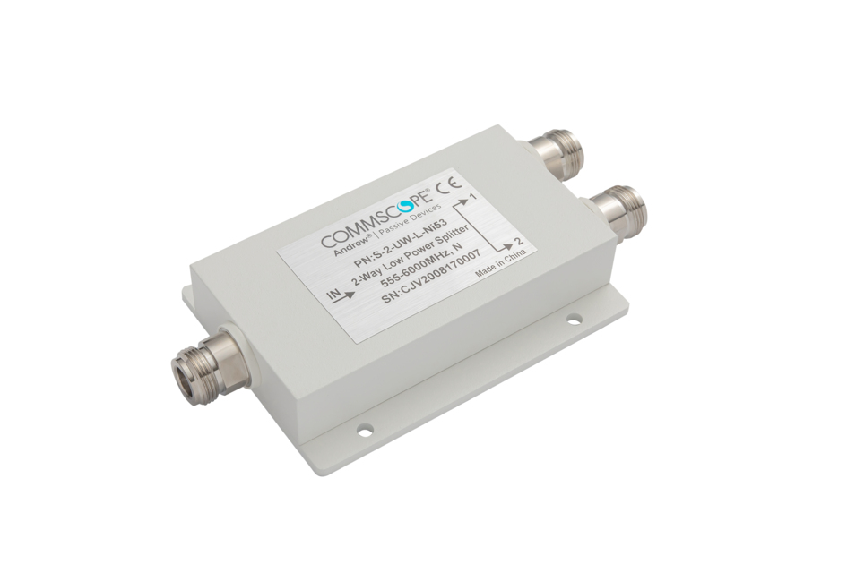 White rectangular 2-way splitter with three connectors and a label on top.