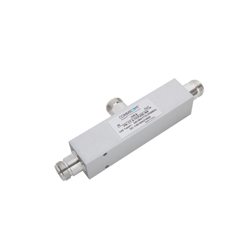 Metal RF power divider with two connectors and a label.