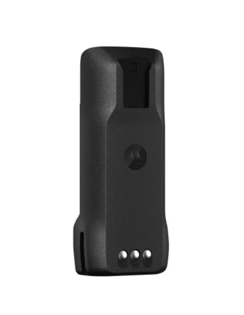 Schwarze Funkgerät-Batterie mit drei Kontakten unten.