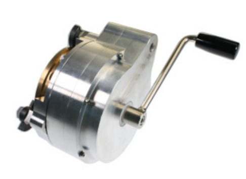 Manual metal hand crank with black handle, side screws.