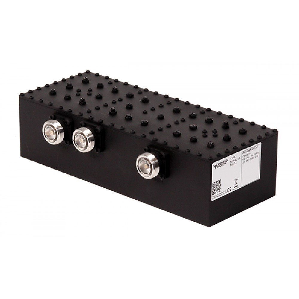 Rechteckiger schwarzer HF-Frequenzfilter mit drei Anschlüssen und strukturiertem Deckel.