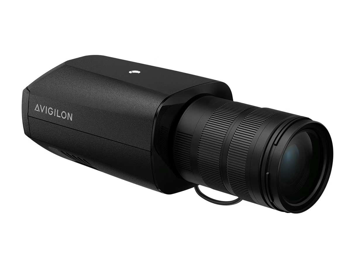 Black surveillance camera with large lens.