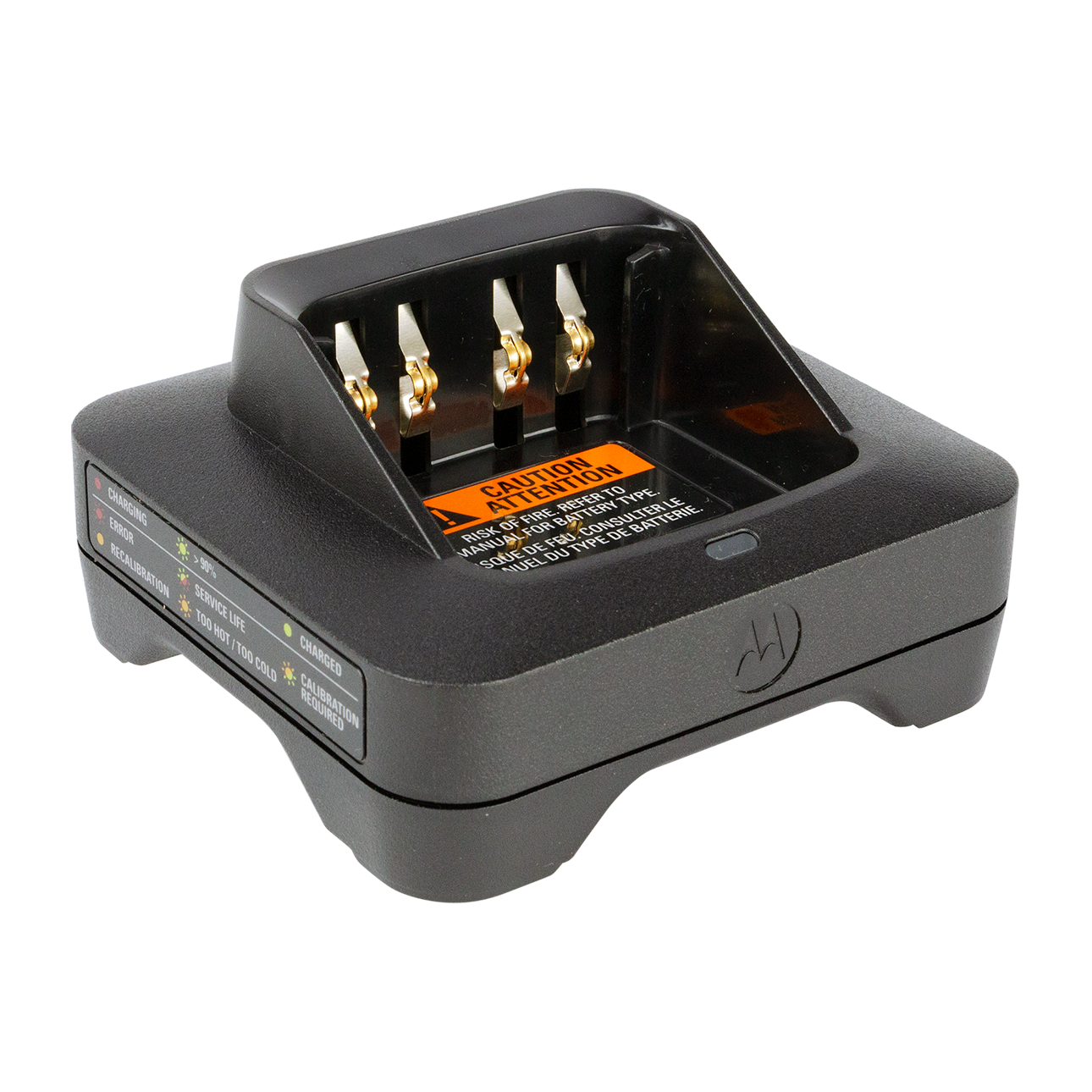 7000-00752688_mot_01.png Schwarzes Akkuladegerät mit vier goldenen Kontakten und Warnhinweisen.