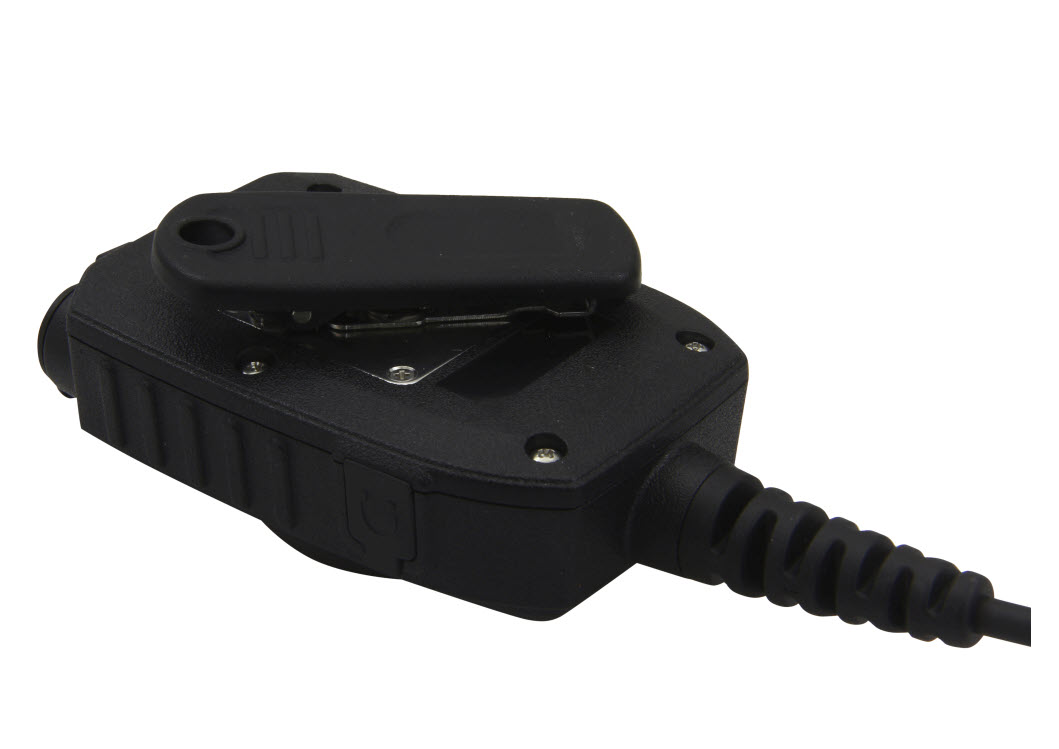 Black microphone with cable and clip on white background.