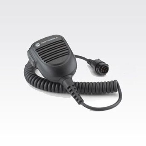Black-grey handheld microphone with cable and plug on grey background.