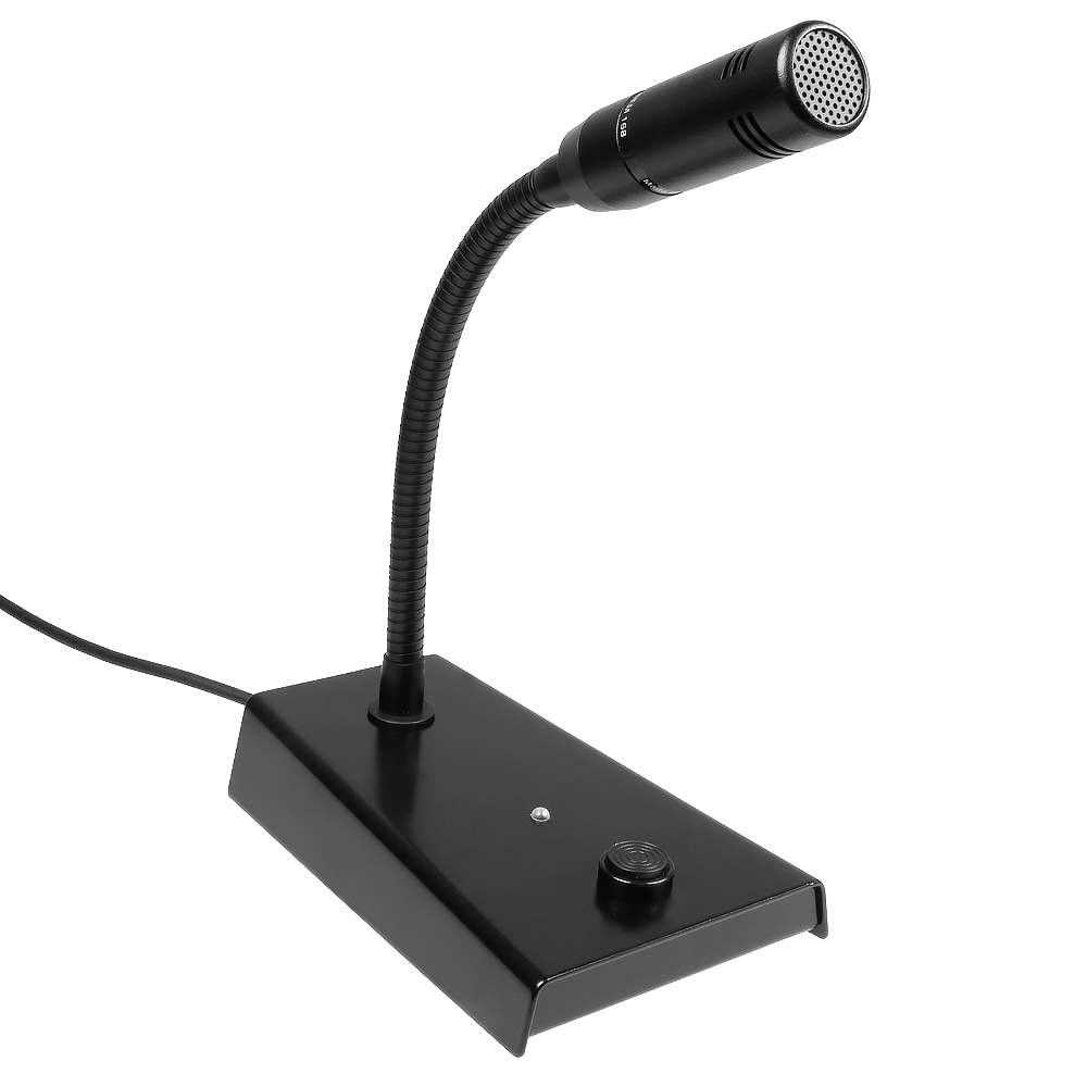 PS12USB-6401-003-001-41_02.jpg Schwarzes Tischmikrofon mit flexiblem Schwanenhals und Basisknopf.