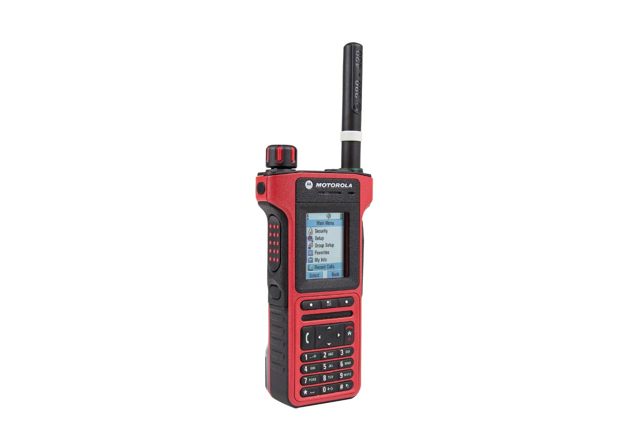 Red radio with keypad and antenna, manufacturer name visible.