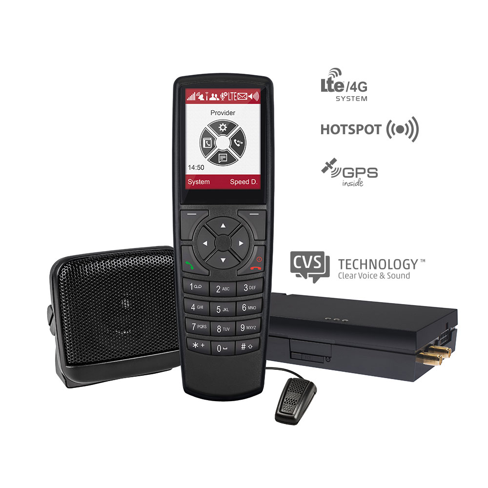 Radio device with LTE, GPS, and hotspot features, speaker, and microphone accessories.