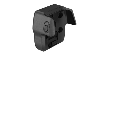 Black rectangular wall mount with openings and a side button.