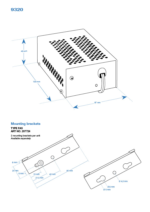 Technical drawing of a rectangular device with ventilation holes and mounting brackets.