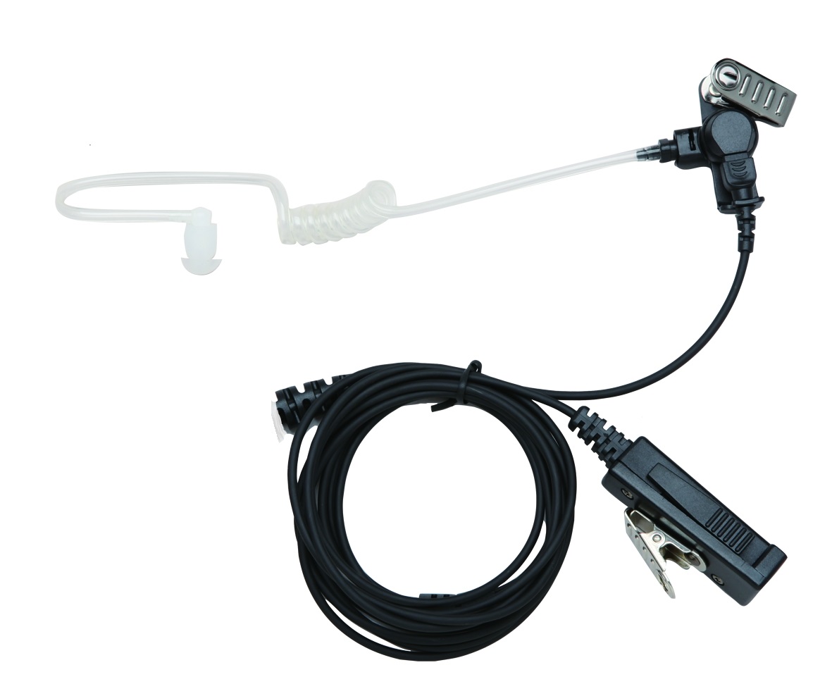 Earpiece with clear acoustic tube and black cable with microphone.