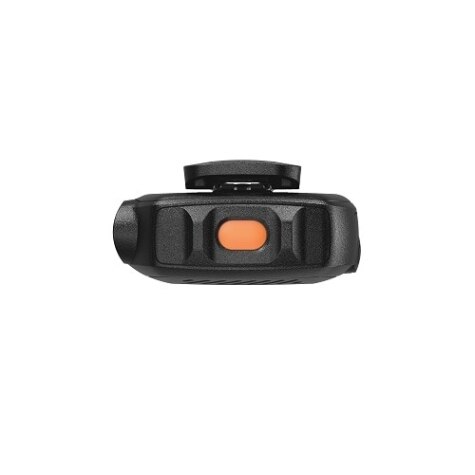Black device from top, orange button visible.