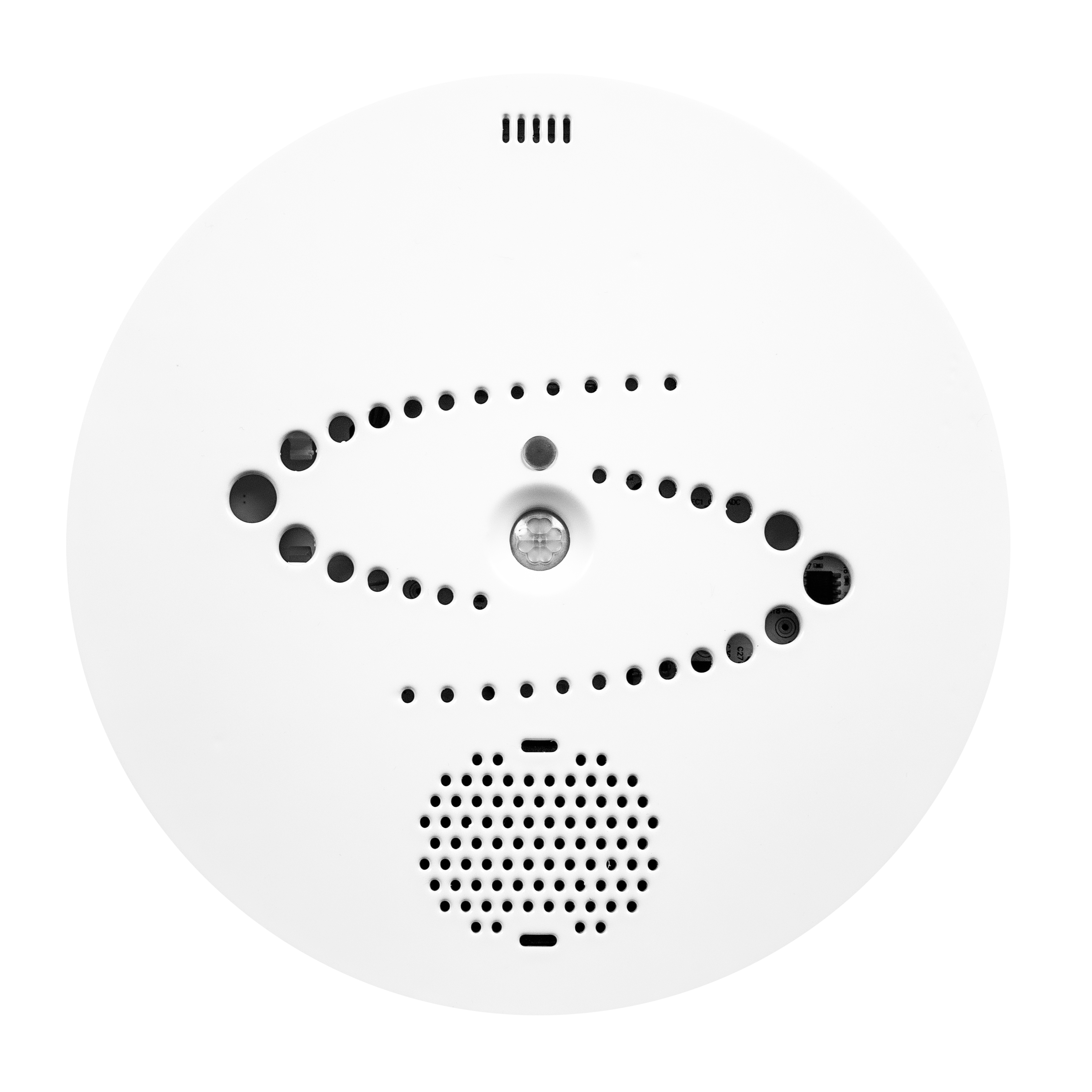 Runder Rauchmelder mit Lüftungsschlitzen und kreisförmigen Mustern.