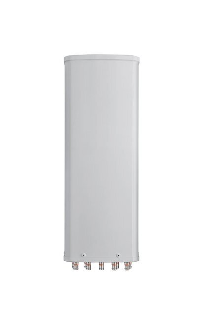 White cylindrical electric water heater with multiple connections.