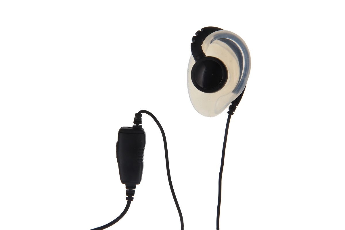 Ohrmodell mit schwarzem Ohrhörer und Kabel mit Schalter.