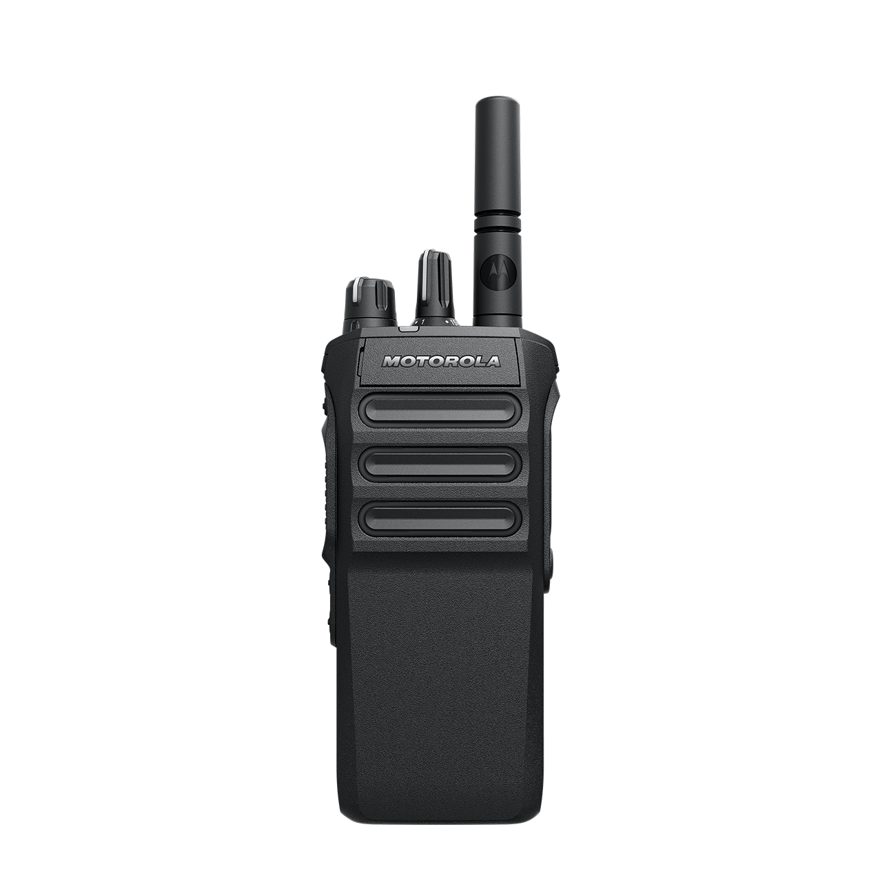 7000-00752927_mot_03.png Black walkie-talkie with antenna and three controls on top.