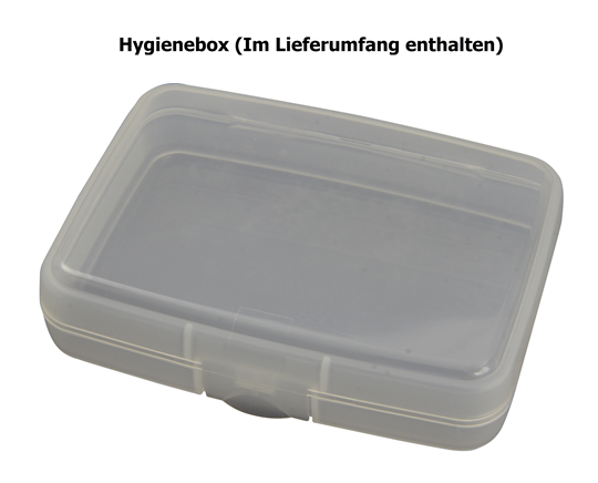 Transparent rectangular hygiene storage box with a hinged lid.