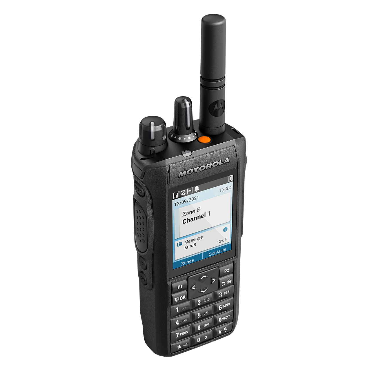 A handheld radio with a screen and keypad.