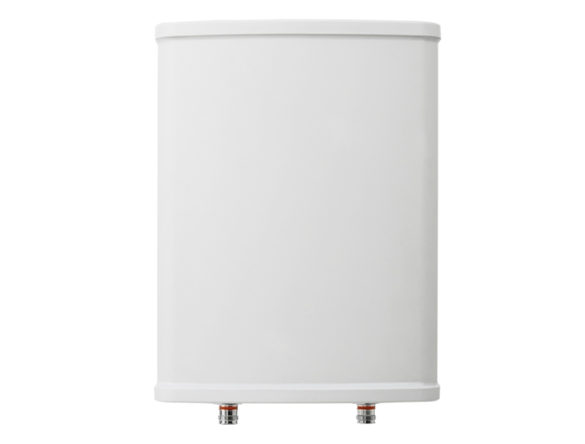 White rectangular water boiler with two connections at the bottom.