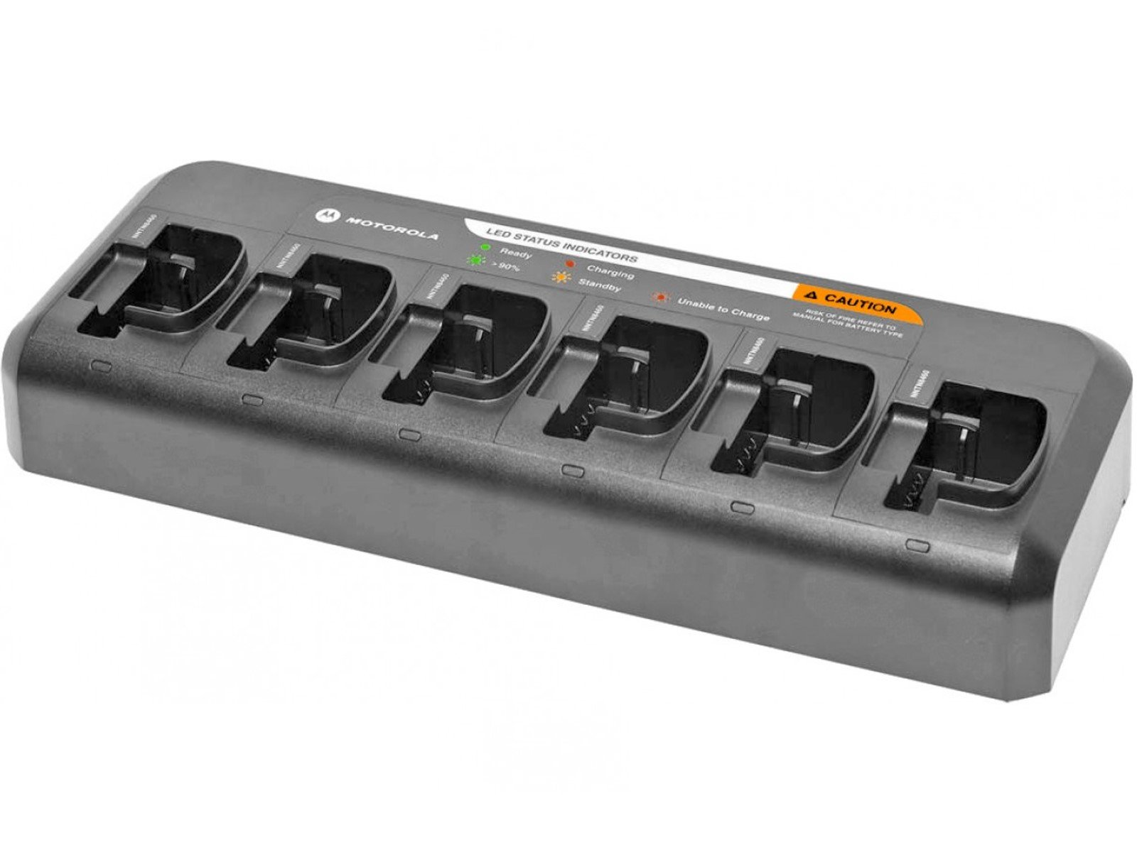 Sechsfache Ladestation mit LED-Statusanzeigen für kompatible Geräte.