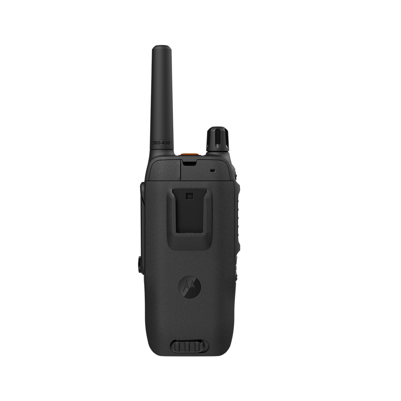 Black walkie-talkie from the back with antenna and clip.