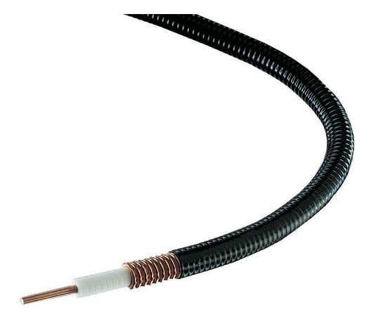 7000-00069600_com_01.png Coaxial cable with black insulation and copper shielding, partially stripped.