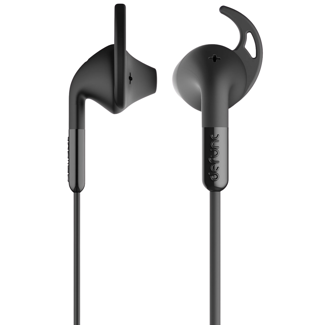 Two black in-ear headphones with cable connection.
